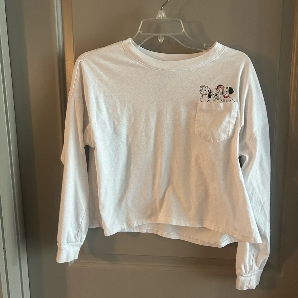 White Long-Sleeve Pocket Tee with 101 Dalmatians Graphic